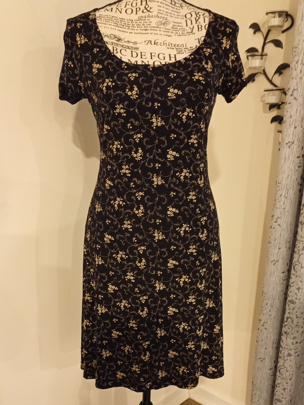All That Jazz Black Dress with Cream Floral Vine Motif